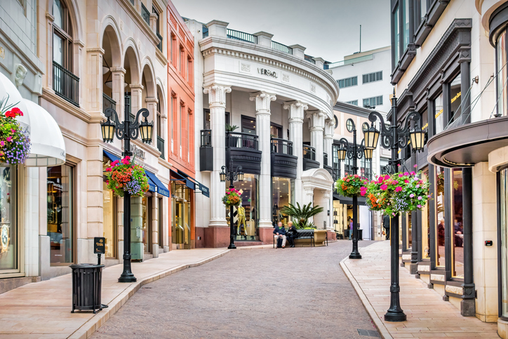 Elegant urban street with hanging flower baskets