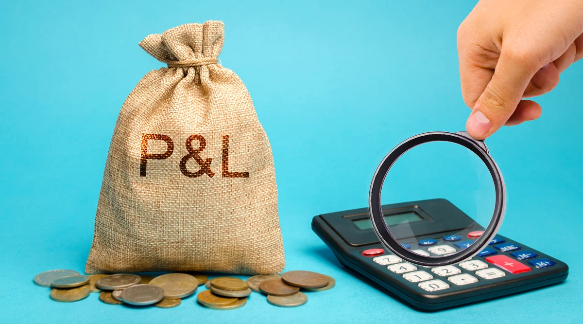 Coins and P&L sack, blue background
